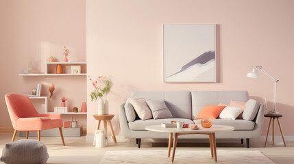 living room interior mock up, modern furniture in pastel colors, luxury sofa inside. Generative Ai - obrazy, fototapety, plakaty