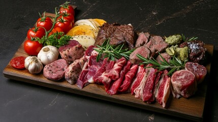 Fresh Meat and Vegetables on Wooden Cutting Board