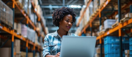 African American woman and manager using laptop in industrial warehouse.