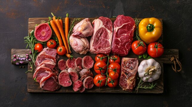 Fresh Meat and Vegetables on Wood Board
