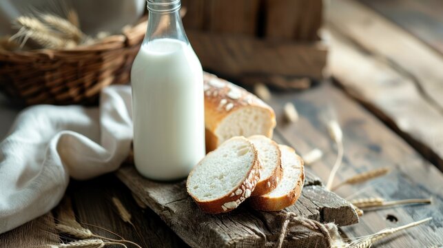  a bottle of milk and slices of bread on a cutting board next to a basket of wheat stalks and a bottle of milk on a wooden table with a white cloth.
