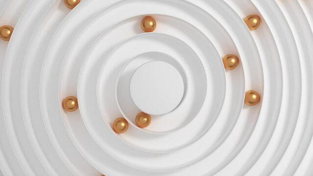 3D golden balls rolling along a white spiral or helix path. Golden balls roll through swirl maze viewed from top and reach center. Concept of achievement, reaching goals.