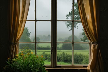 View of Green Field Through Window