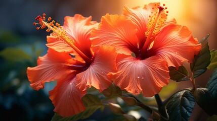 The orange hibiscus, a vibrant and eye-catching flower, flaunts striking, trumpet-shaped blossoms in shades of fiery orange close up shoot