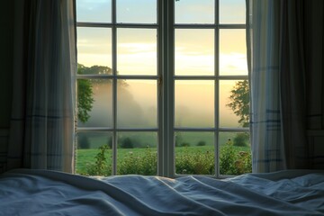 Bed by Window with View of Green Field
