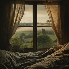 Bed by Window Overlooking Lush Green Field