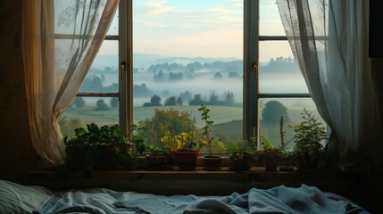 Fototapeta na wymiar Window Overlooking Lush Countryside