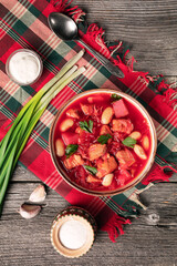 traditional Ukrainian borscht or red soup in the bowl