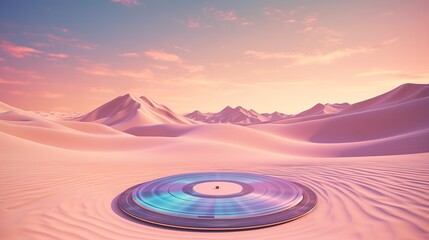 Surreal landscape illustration with a giant vinyl record player in the desert. Fantasy landscape with vinyl record player in the desert and dunes in sound waves. - obrazy, fototapety, plakaty