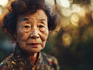 Photorealistic Old Chinese Woman with Brown Curly Hair vintage Illustration. Portrait of a person in 1960s era aesthetics. Mod fashion. Historic photo Ai Generated Horizontal Illustration.