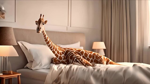 A cute giraffe lounges on white bedding in a serene bedroom setup