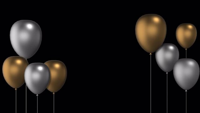 Golden and silver balloons frame with golden glowing confetti on alpha channel. Balloons frame floating and going up. Golden and silver colored balloons rising and swaying in the air.