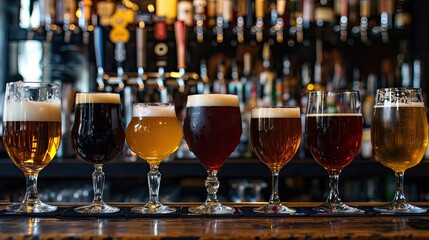Assorted Beer Glasses Lined on Bar Counter