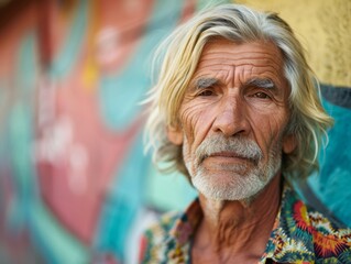 Photorealistic Old Latino Man with Blond Straight Hair vintage Illustration. Portrait of a person in 1960s era aesthetics. Mod fashion. Historic photo Ai Generated Horizontal Illustration.