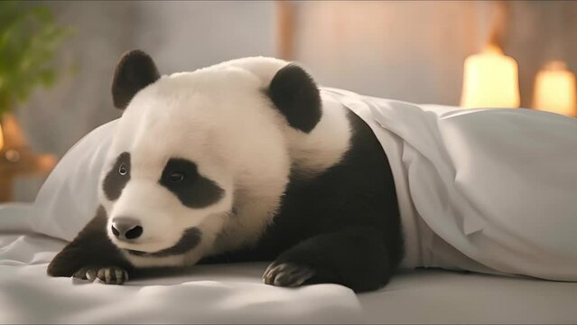 A peaceful giant panda resting on a plush bed, surrounded by a warm, inviting ambiance.