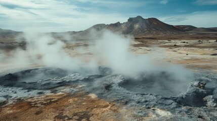  a group of geysers spewing out of a hole in the ground with a mountain in the backgroup of the picture in the distance.