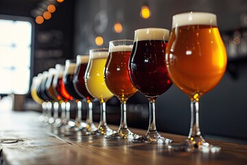 Assorted Beers in a Row of Glasses - obrazy, fototapety, plakaty