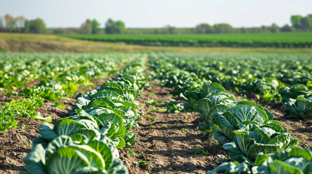 cabbage plantations grow in the field. vegetable rows. farming, agriculture. Ai Generative