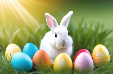 Cute fluffy little baby bunny rabbit easter eggs lovely pet on grass ecological farm
