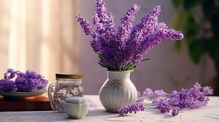 Vase with delightful lavender flowers on the table