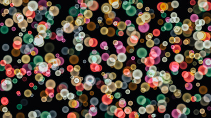 Festive round bokeh of lights on a black background. Pink, turquoise, yellow confetti, defocused lights. Multicolored bokeh on a black background. Blurred focus