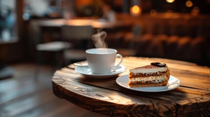  a piece of cake sitting on top of a white plate next to a cup of coffee on a wooden table with a cup of coffee and saucer in the background.