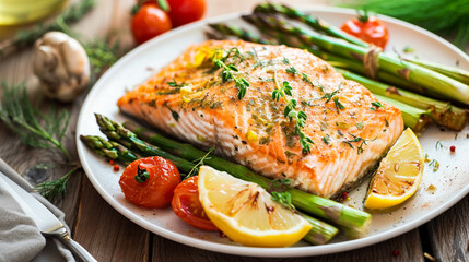 Baked salmon garnished with asparagus and tomatoes with herbs. Ai Generative - obrazy, fototapety, plakaty