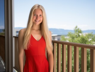 Obraz premium Portrait of a Sunny Blonde Lady in Red Dress with Scenic Backdrop. Generative AI.