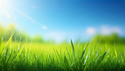 Fototapeta na wymiar sunny spring meadow blur background blue sky to green grass gradient