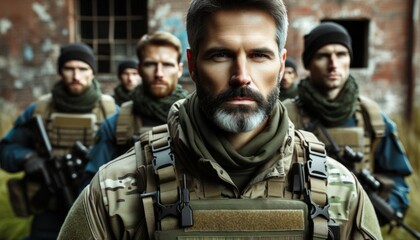 A focused group of military personnel in tactical gear, looking determined and prepared for an operation or conflict. - obrazy, fototapety, plakaty