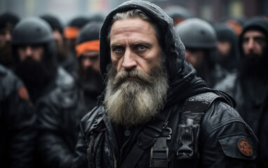Obraz premium A portrait of a bearded man with a stern expression, surrounded by a group of people, possibly during a protest or public gathering.