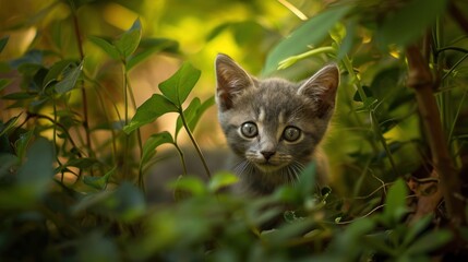 Naklejka na ściany i meble a small kitten standing in the middle of a bush looking at the camera with a curious look on its face, with green leaves in the foreground and a blurry background.