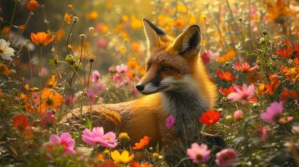  a close up of a fox in a field of flowers with a background of orange, pink, yellow, and white flowers with a blurry sky in the background.