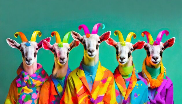 creative animal concept goat in a group vibrant bright fashionable outfits on solid background advertisement copy text space birthday party invite invitation banner