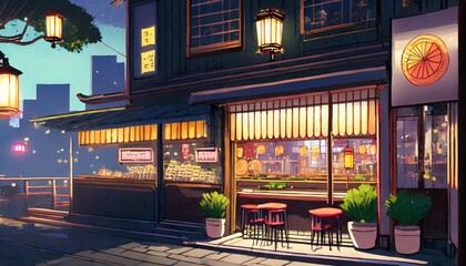 a beautiful japanese tokyo city ramen shop restaurant bar in the dark night evening house at the street anime cartoonish art style cozy lofi asian architecture 16 9 4k resolution 
