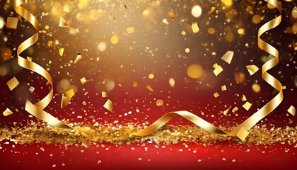 celebration background template with gold confetti and gold ribbons on red background falling shiny golden confetti gold festive party festive party or holiday glitter backdrop luxury card