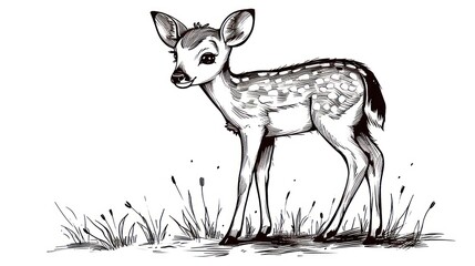  a black and white drawing of a deer standing in the grass with its head turned to look like it's looking at the camera while it's looking at the viewer.