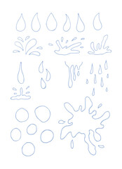 Water drops of different shapes, splashes set. Liquid droplets isolated on white background. Vector illustration.