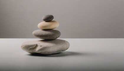 a stone zen composition captures the essence of minimalistic simplicity and tranquility balanced rock stacks on a gray and white background concept of peace wellness and mindfulness copy space
