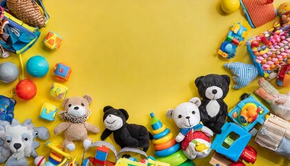Fototapeta na wymiar frame of kids toys on yellow background with copyspace