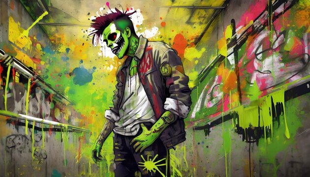 painting style illustration of punk zombie graffiti style generative ai