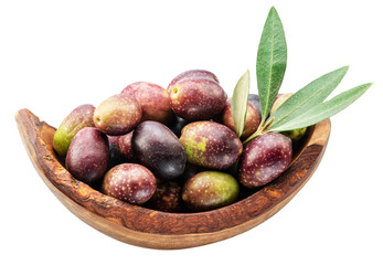 Colorful semi-ripe and ripe olives in wooden bowl isolated on white background. File contains clipping path.