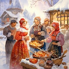 Russian holiday maslenitsa. Pancake Week at Russia, watercolor style.  Slavic national festival  People in folk costumes  eat big tasty pancakes, have fun on winter pancake holiday week.