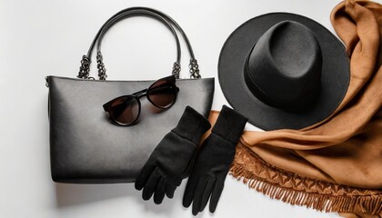 stay stylish and cozy this fall with trendy chic purse a fashionable felt hat black gloves scarf and sunglasses top view photo on white background with space for text or advertising - obrazy, fototapety, plakaty
