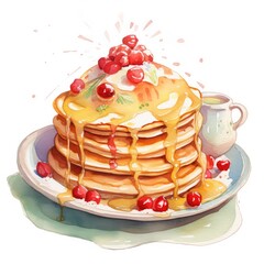 A plate of pancakes with honey and berries, watercolor style. illustration for postcards and posters. National Slavic and Russian food in celebration of Shrovetide week. Pancake Week at Russia.