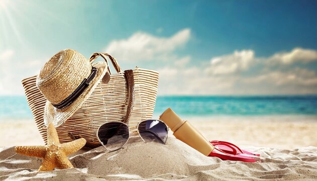 beach accessories on sandy summer background