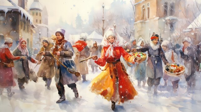 Russian holiday maslenitsa. Pancake Week at Russia, watercolor style.  Slavic national festival  People in folk costumes  eat big tasty pancakes, have fun on winter pancake holiday week.