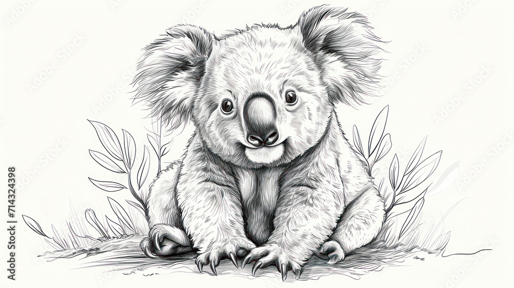 Sticker  a black and white drawing of a koala sitting on the ground with its head turned to the side and eyes wide open, with grass and leaves in the background.