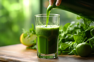 Pouring green juice into a glass. - obrazy, fototapety, plakaty