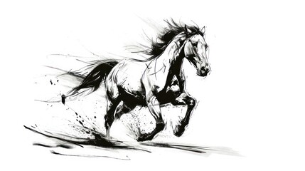  a black and white drawing of a running horse on a white background with a splash of paint on the back of the horse's head and the horse's body.